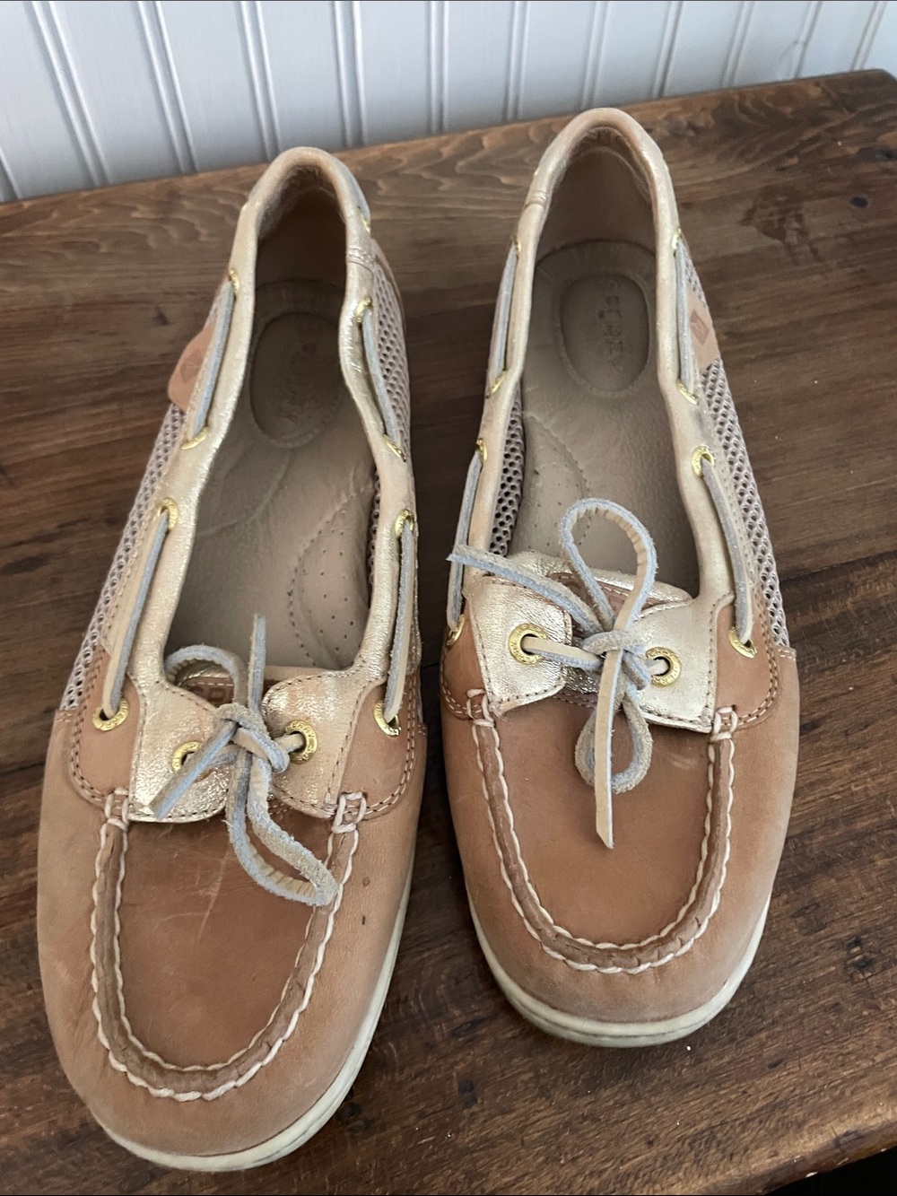 Sperry Tan Leather and Metallic Gold Boat Shoes